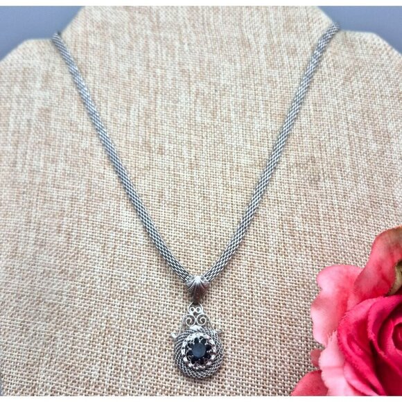 Fancy Vintage Silver Tone Mesh Chain Pendant Necklace Blue Glass Stone 18" - Picture 1 of 7